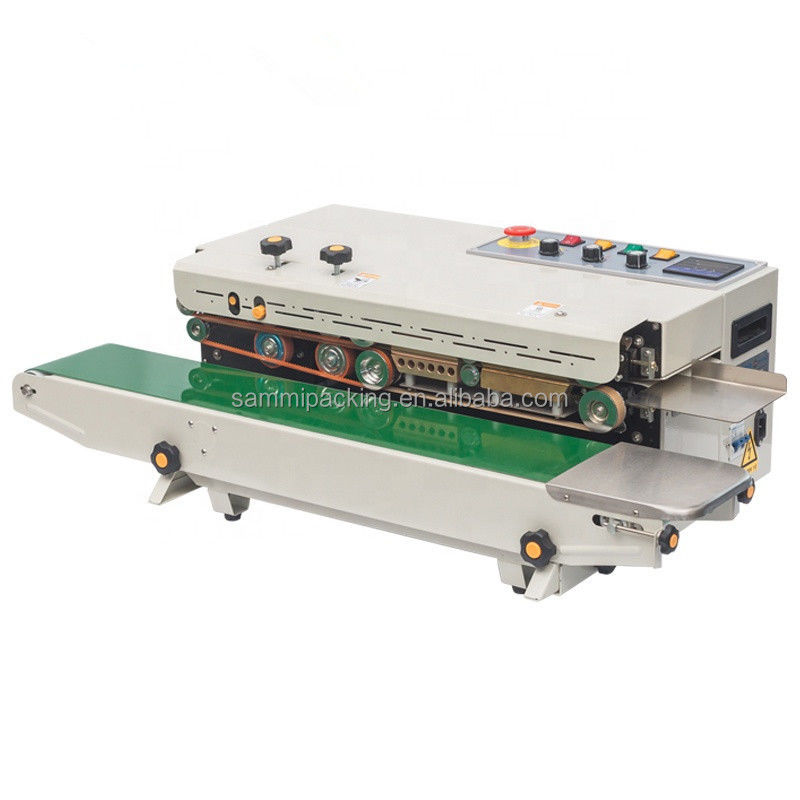 Półautomatyczna pozioma maszyna do uszczelniania worków Elektryczne ręczne napędzane pieczętowanie cieplne kartonów Folia zawiera drukowanie daty serii